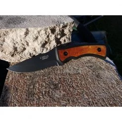 Mountaineer 4 in. Carbonitride Titanium Drop Point Partially Serrated Fixed Blade Knife, Ergonomic Wood Accent Handle by Camillus -Camillus Sales Shop camillus fixed blade knives 19084 76 1000