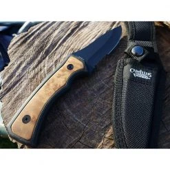 Mountaineer 4 in. Carbonitride Titanium Drop Point Partially Serrated Fixed Blade Knife, Ergonomic Wood Accent Handle by Camillus -Camillus Sales Shop camillus fixed blade knives 19084 fa 1000