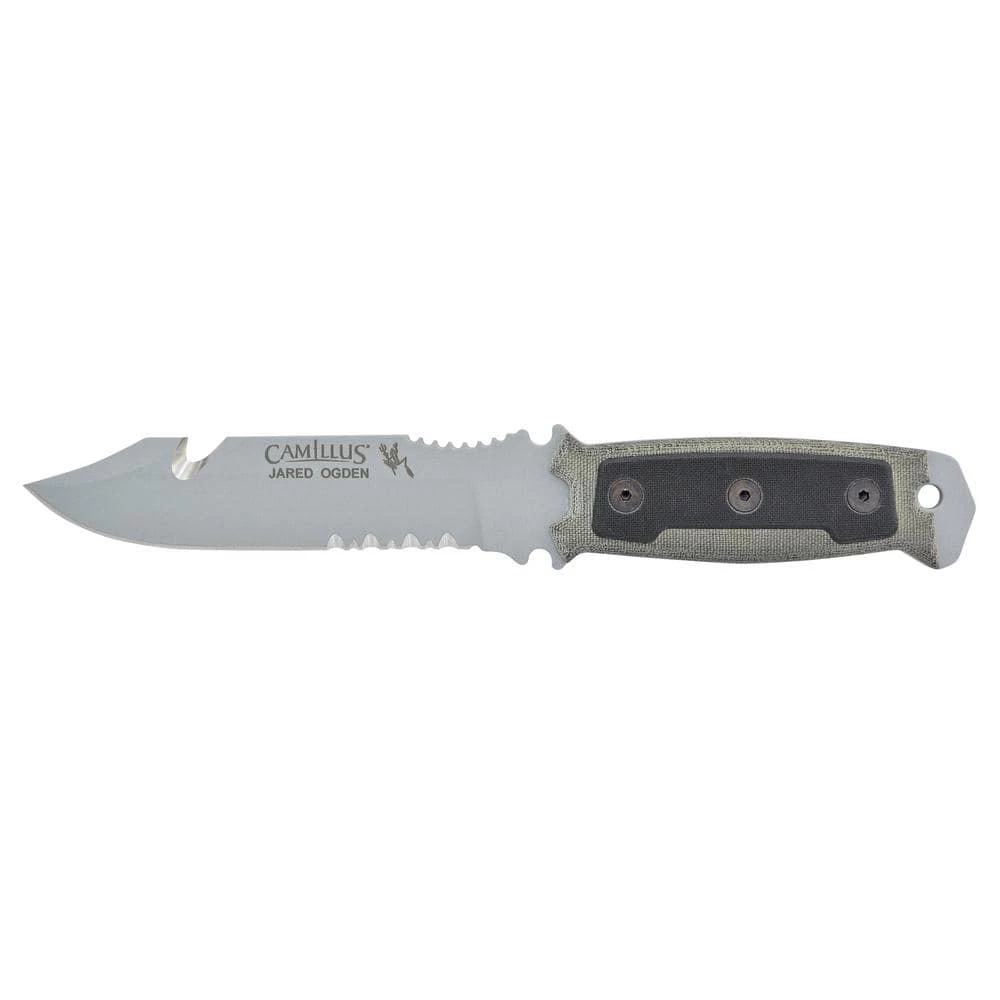 SKOL 5 in. Carbon Steel Clip Point/Gut Hook Partially Serrated Fixed Blade Knife with Sheath, Micarta/G10 Handle by Camillus 1 SKOL 5 in. Carbon Steel Clip Point/Gut Hook Partially Serrated Fixed Blade Knife with Sheath, Micarta/G10 Handle by Camillus
