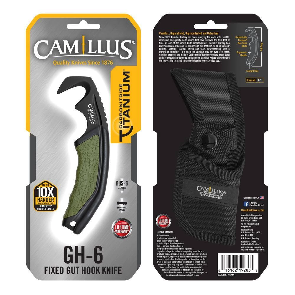 GH-6 2.25 in. Carbonitride Titanium Gut Hook Straight Edge Full Tang Fixed Blade Knife with Sheath, Ergonomic Handle by Camillus 11 GH-6 2.25 in. Carbonitride Titanium Gut Hook Straight Edge Full Tang Fixed Blade Knife with Sheath, Ergonomic Handle by Camillus - Image 11