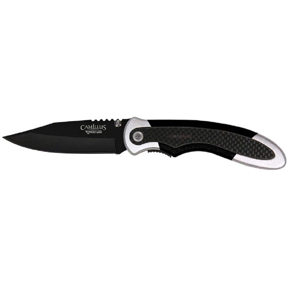 Chameleon 3.5 in. Carbonitride Titanium Drop Point Straight Edge Folding Knife, Lightweight Carbon Fiber Accent Handle by Camillus 1 Chameleon 3.5 in. Carbonitride Titanium Drop Point Straight Edge Folding Knife, Lightweight Carbon Fiber Accent Handle by Camillus