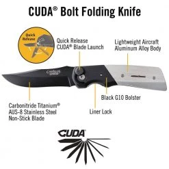 Cuda Bolt 3.75 in. Carbonitride Titanium Drop Point Straight Edge Folding Knife with Lightweight Black/Silver G10 Handle by Camillus -Camillus Sales Shop camillus folding knives 19080 44 1000