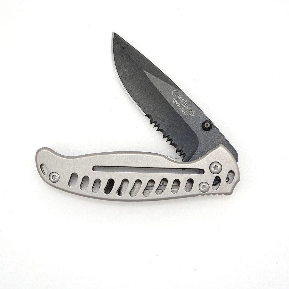 EDC3 3 in. Carbonitride Titanium Drop Point Partially Serrated Folding Knife with Stainless Steel Handle, Dual Thumbstud by Camillus 3 EDC3 3 in. Carbonitride Titanium Drop Point Partially Serrated Folding Knife with Stainless Steel Handle, Dual Thumbstud by Camillus - Image 3
