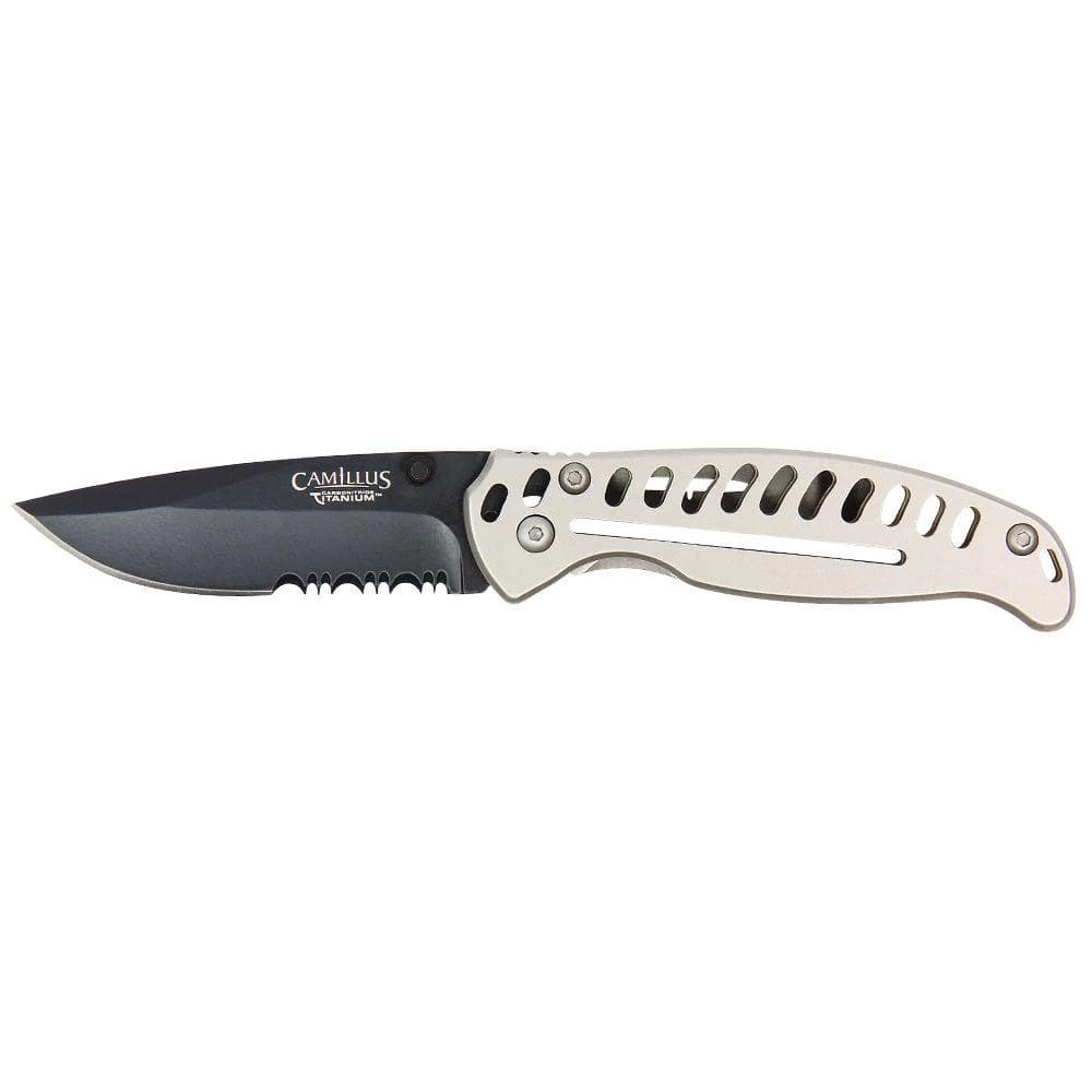 EDC3 3 in. Carbonitride Titanium Drop Point Partially Serrated Folding Knife with Stainless Steel Handle, Dual Thumbstud by Camillus 1 EDC3 3 in. Carbonitride Titanium Drop Point Partially Serrated Folding Knife with Stainless Steel Handle, Dual Thumbstud by Camillus