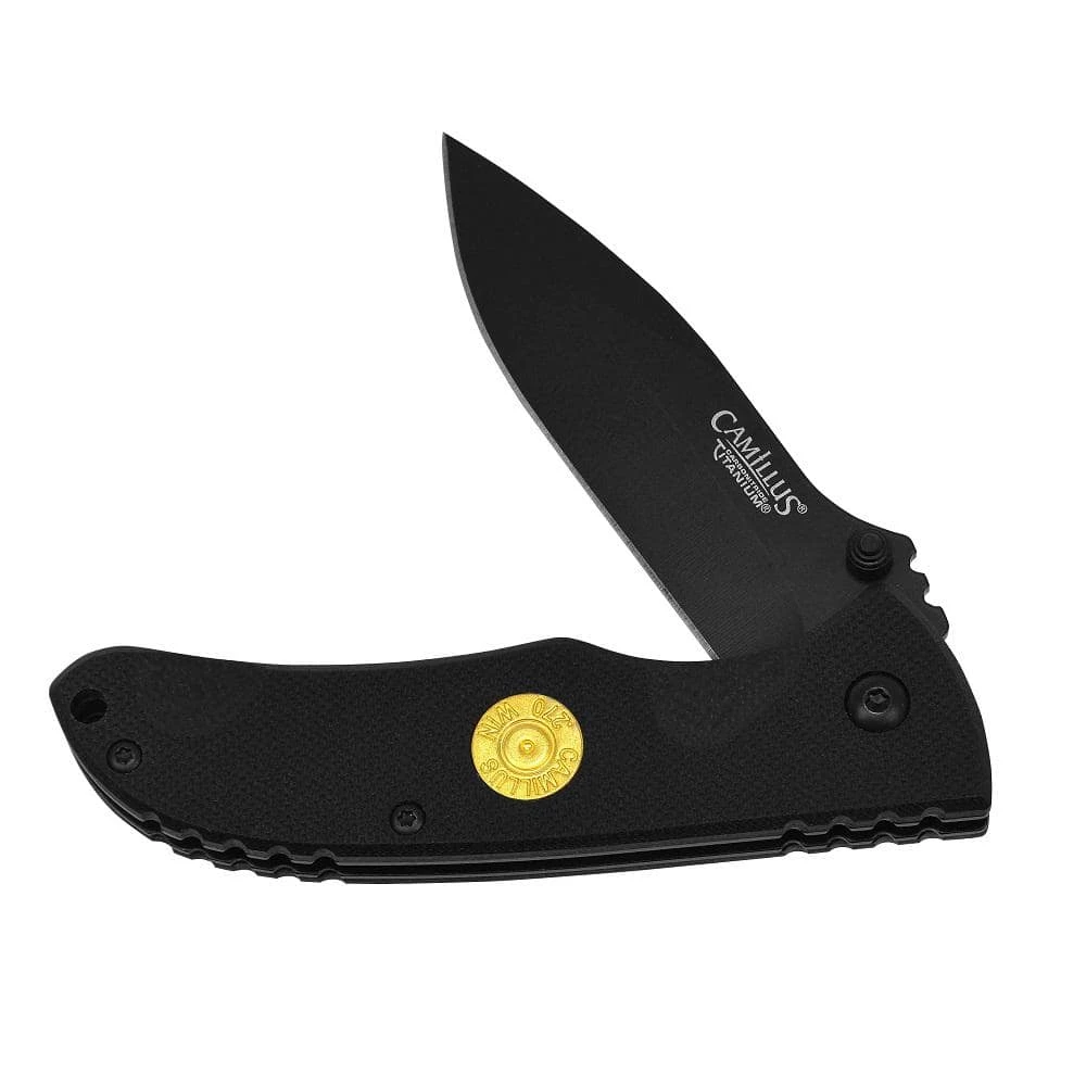 CenterFire .270 2.75 in. Carbonitride Titanium Drop Point Straight Edge Folding Knife, Quick Launch System, G10 Handle by Camillus 1 CenterFire .270 2.75 in. Carbonitride Titanium Drop Point Straight Edge Folding Knife, Quick Launch System, G10 Handle by Camillus