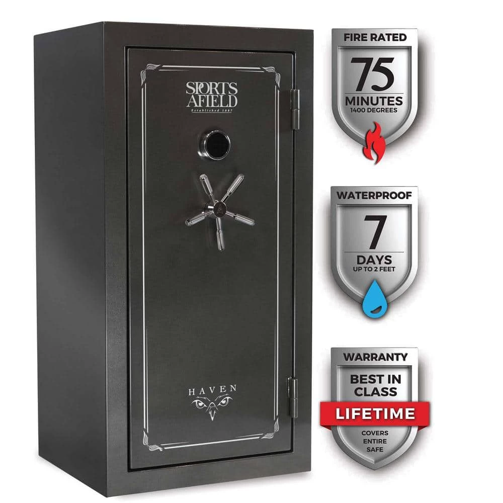Haven 36-Gun Fire and Waterproof Electronic Lock Gun Safe, Metal Gray Gloss Metallic Finish by Sports Afield 1 Haven 36-Gun Fire and Waterproof Electronic Lock Gun Safe, Metal Gray Gloss Metallic Finish by Sports Afield